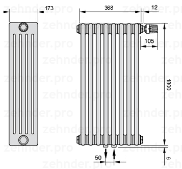 Схема (чертеж) Радиатор Zehnder Charleston 5180/8 №V008 Белый глянцевый RAL 9016